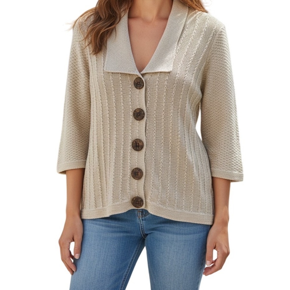 Christopher & Banks Cardigan Women's Cotton M Tan 3/4 Sleeve Coastal Grandma
